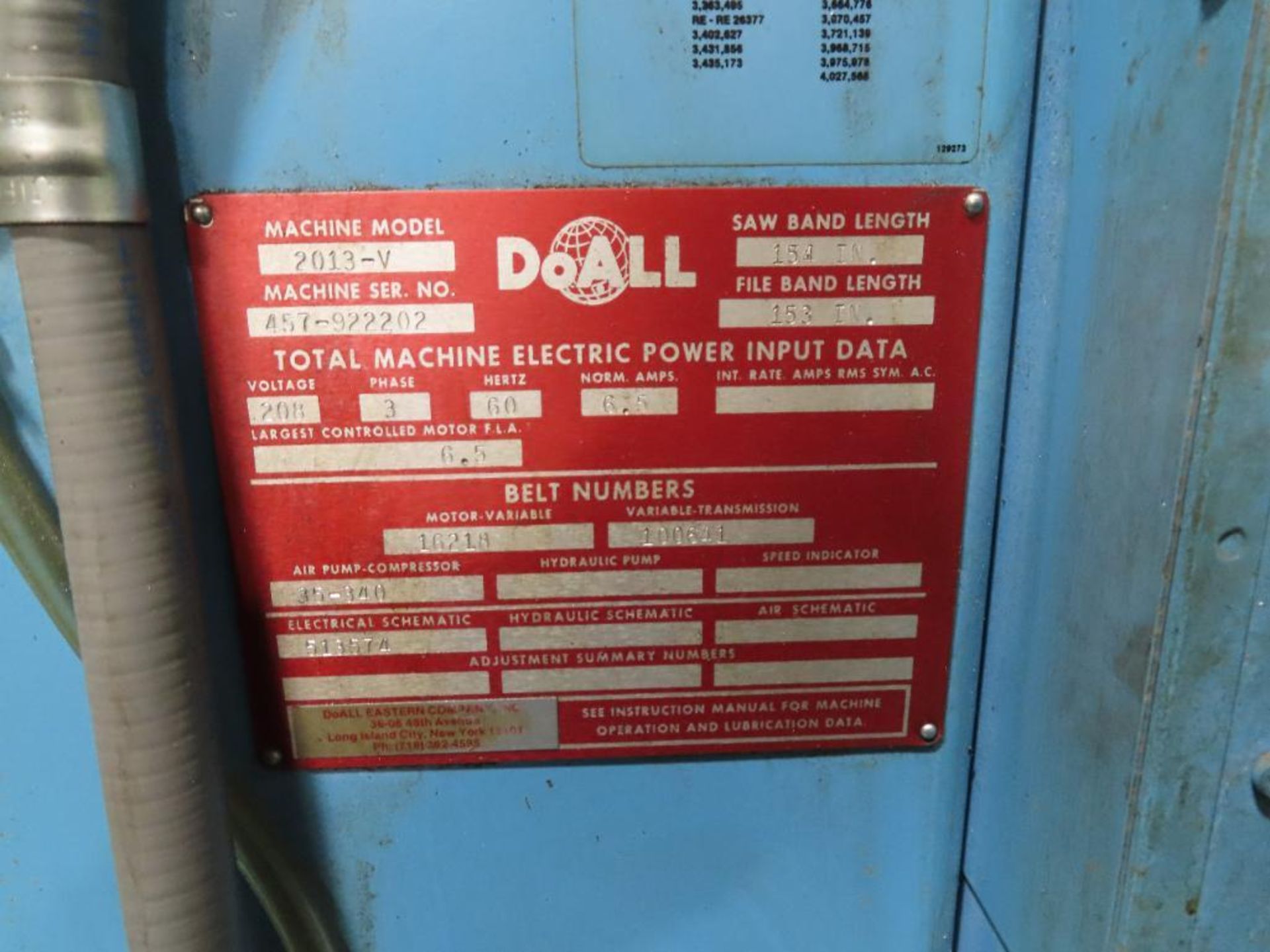 DoAll Mdl.2013V Vertical Bandsaw, (S/N:457-922202), Welding And Grinding Attachment, 26" X 28" Tilti - Image 3 of 3