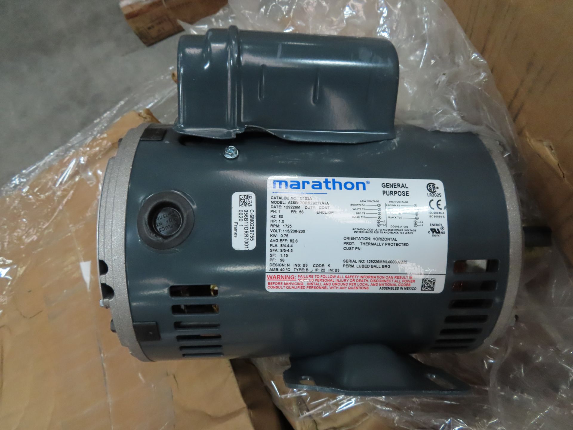 (QTY 7) MARATHON 1-HP-SENERAL PURPOSE ELECTRIC MOTOR, 230V, 3PH, 60HZ - Image 3 of 3