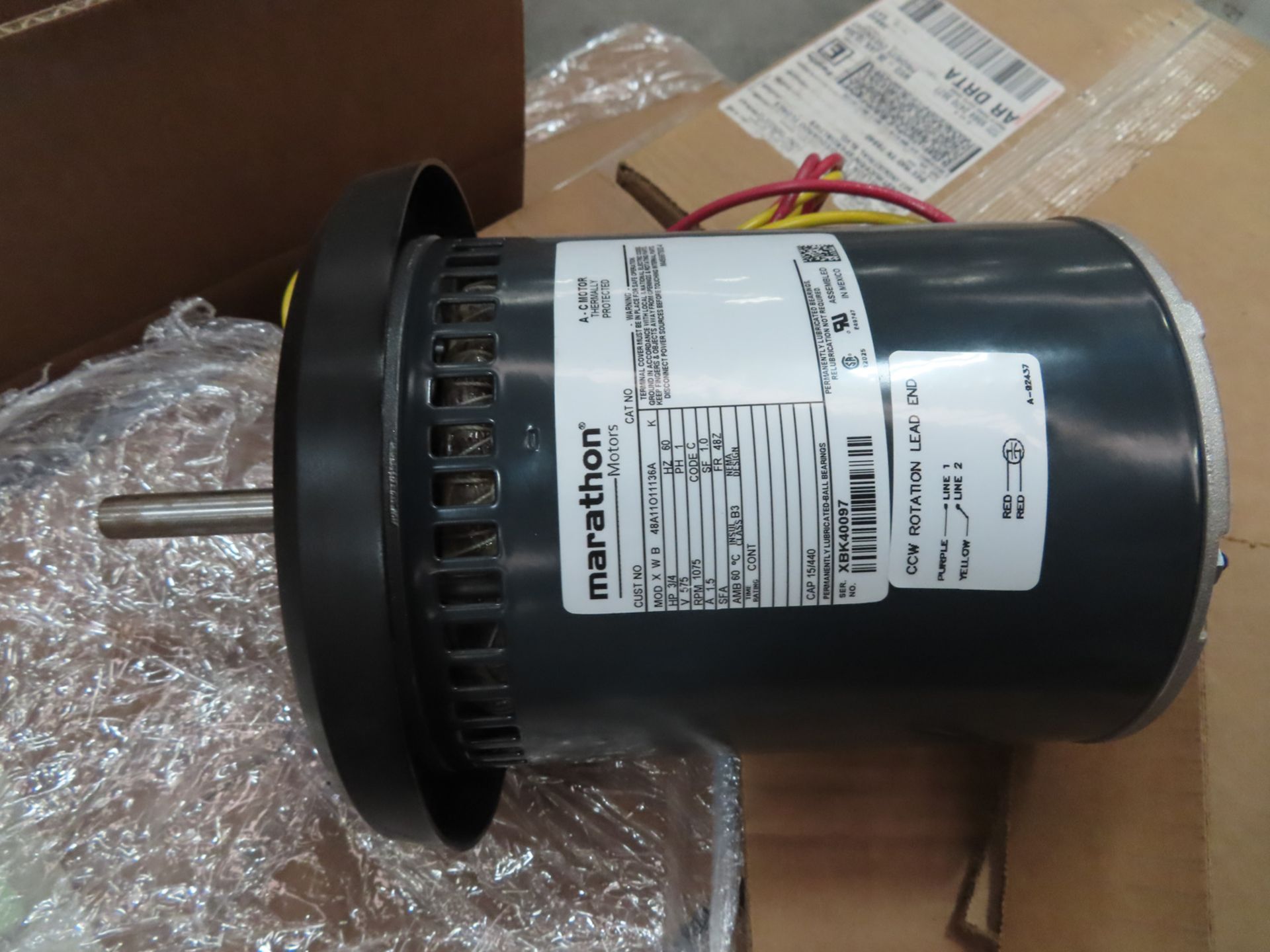 (QTY 10) MARATHON MOTORS 3/4-HP ELECTRIC MOTOR, 1075 RPM, 575V, 1PH, 60HZ - Image 3 of 3