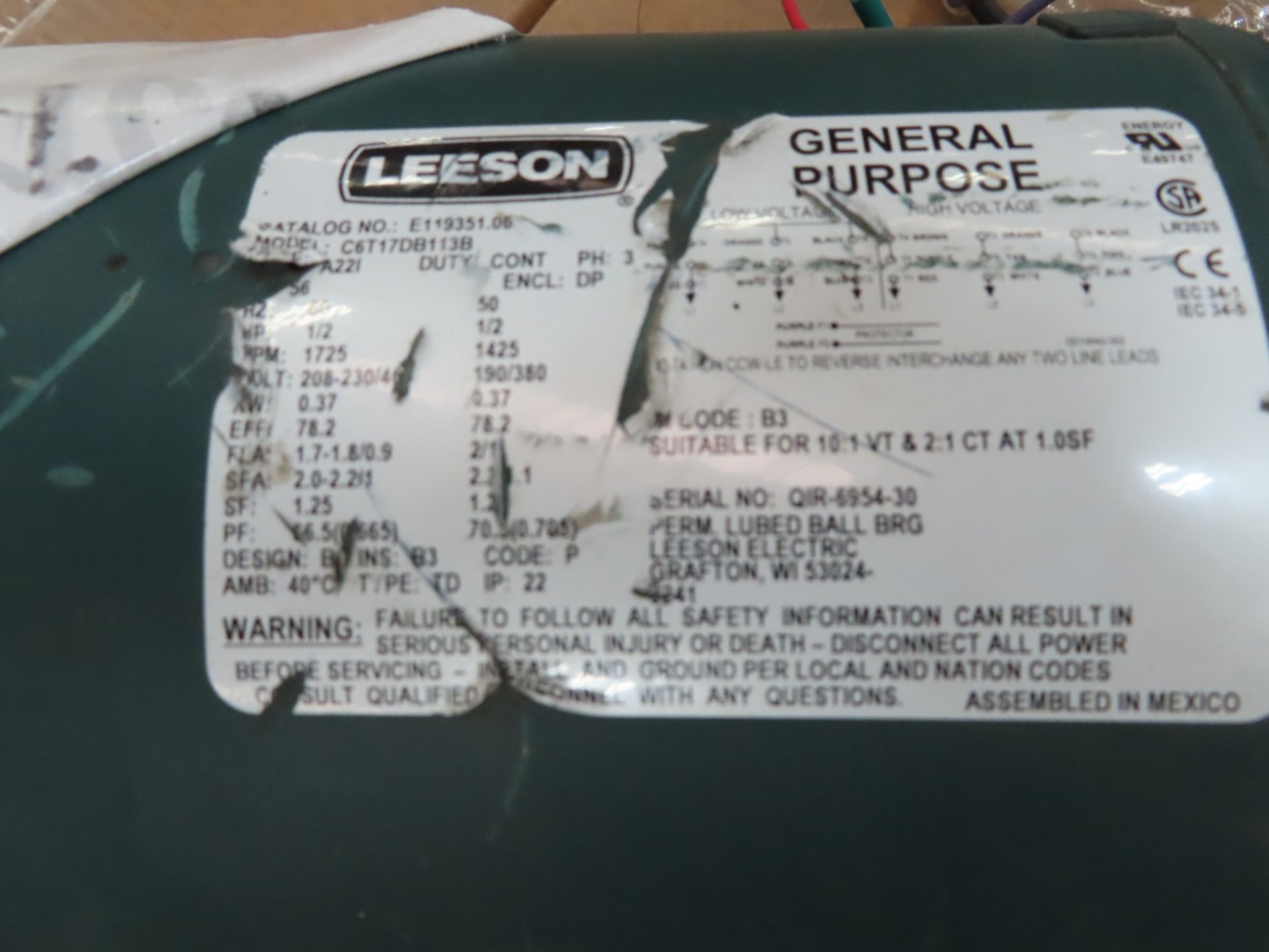 (QTY 17) LEESEN GENERAL PURPOSE 1/2-HP, ELECTRIC MOTOR 1725RPM, 208-230/460V, 50/60HZ - Image 3 of 4