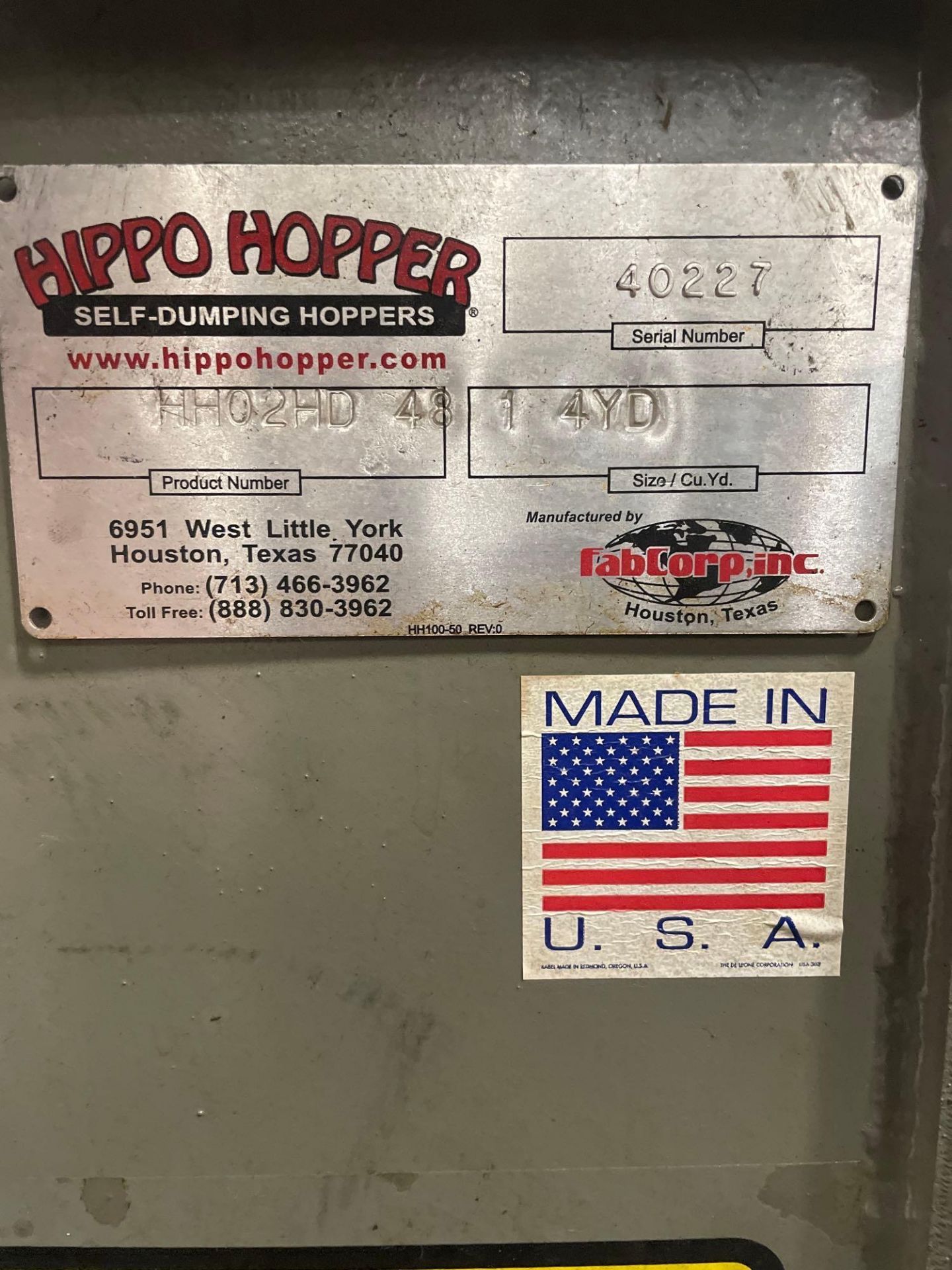 FabCorp 4-Yard HH02HD-48 Hippo Hopper Portable Self Dumping Hopper S/N 40227 - Image 8 of 8