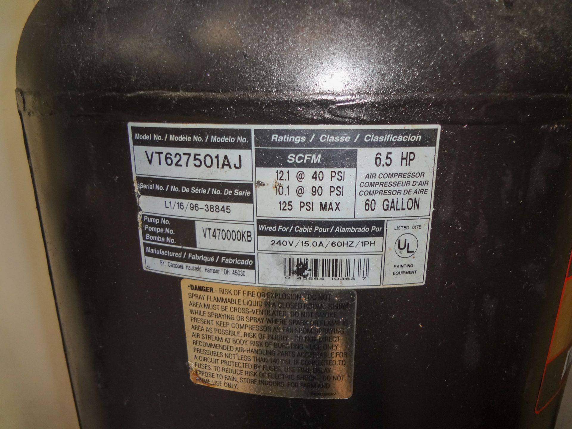 6.5hp Campbell Hausfeld Mdl. Vt627501aj Vertical Tank Mounted Piston Type Air Compressor - Image 2 of 6