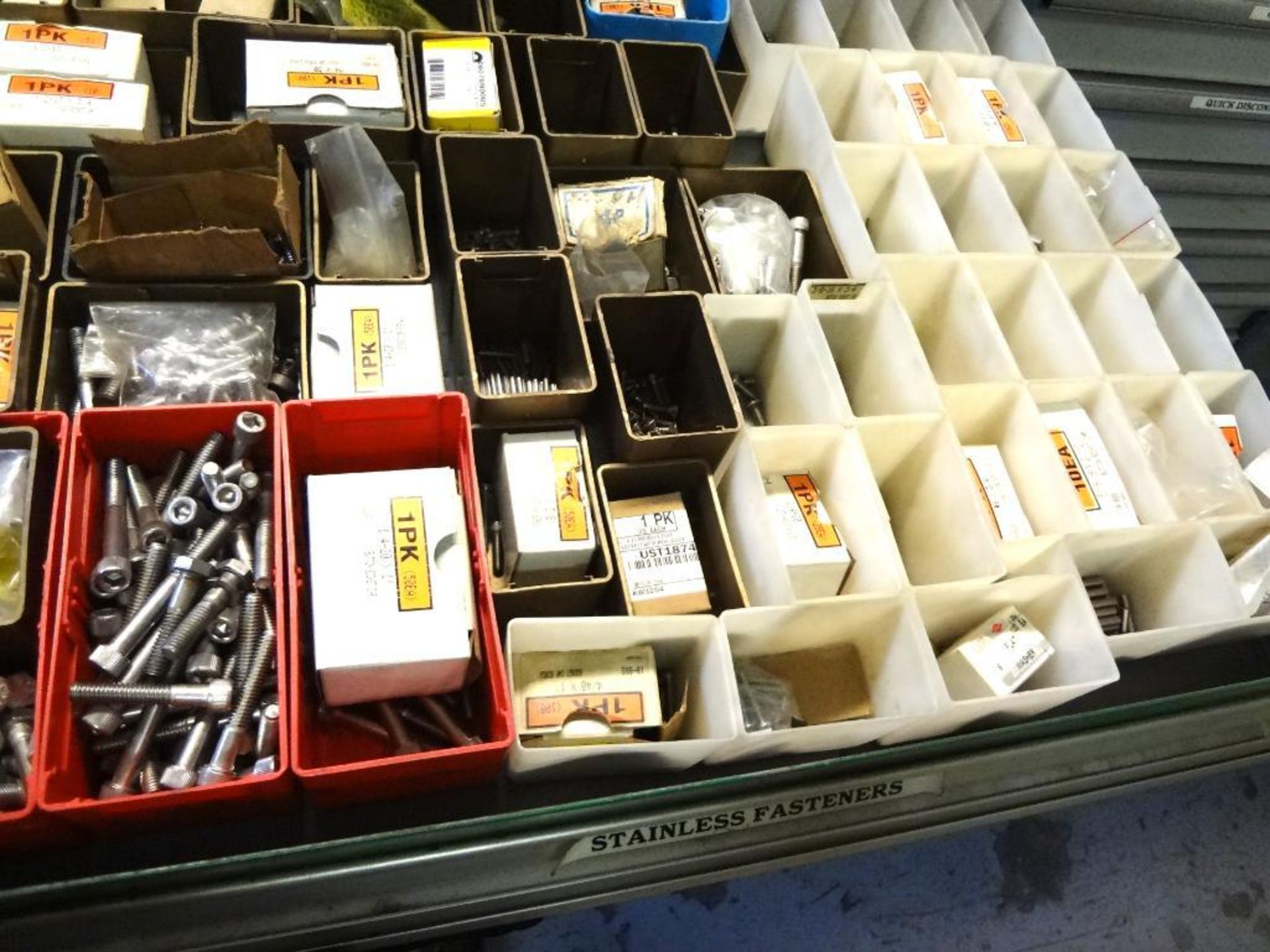 CONTENTS OF STORAGE CABINET, INCLUDING: ASSORTED STAINLESS STEEL SCREWS, COTTER PINS, MISCELLANEOUS - Image 3 of 9