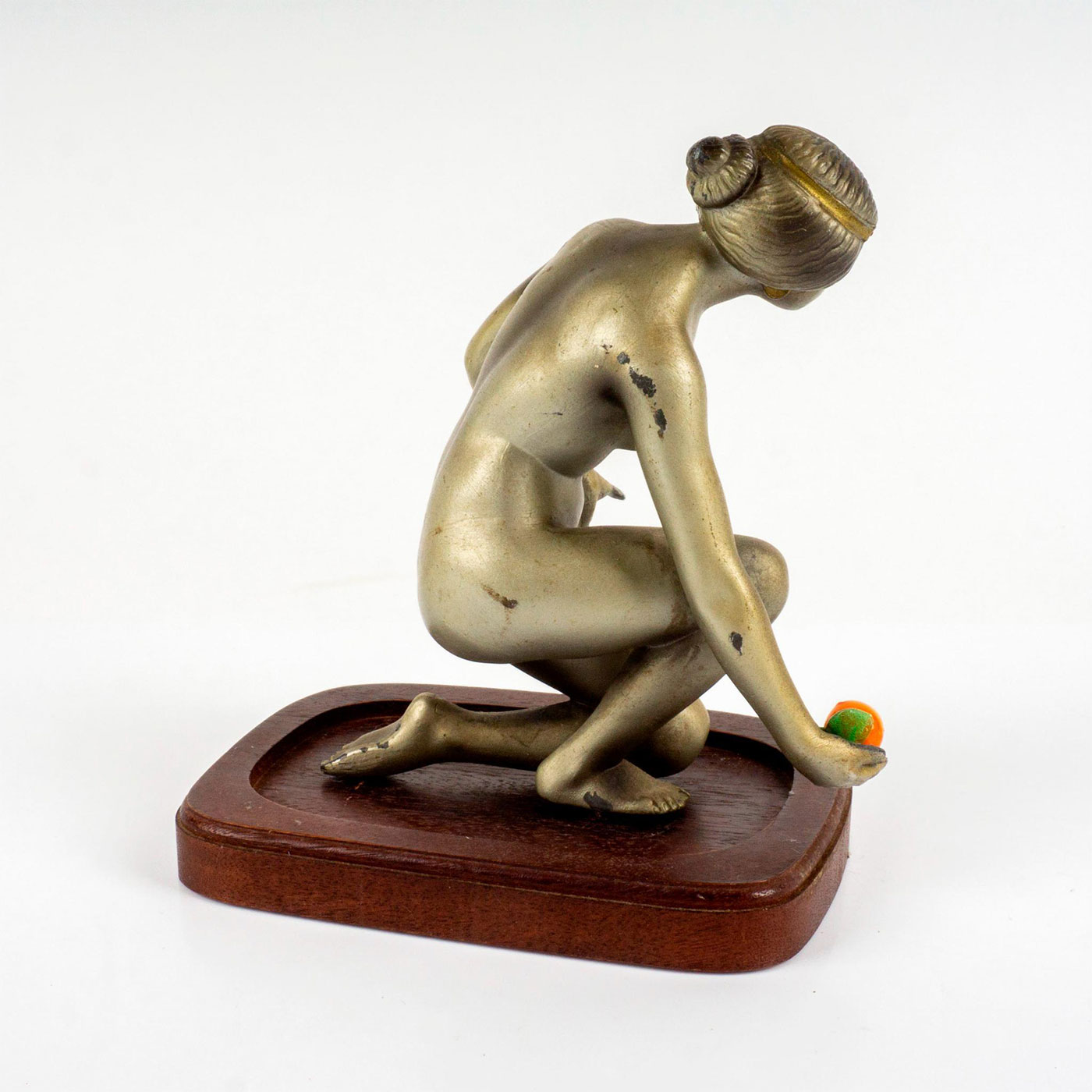 Vintage Art Deco Brass Sculpture, Nude Female With Orange - Image 2 of 4