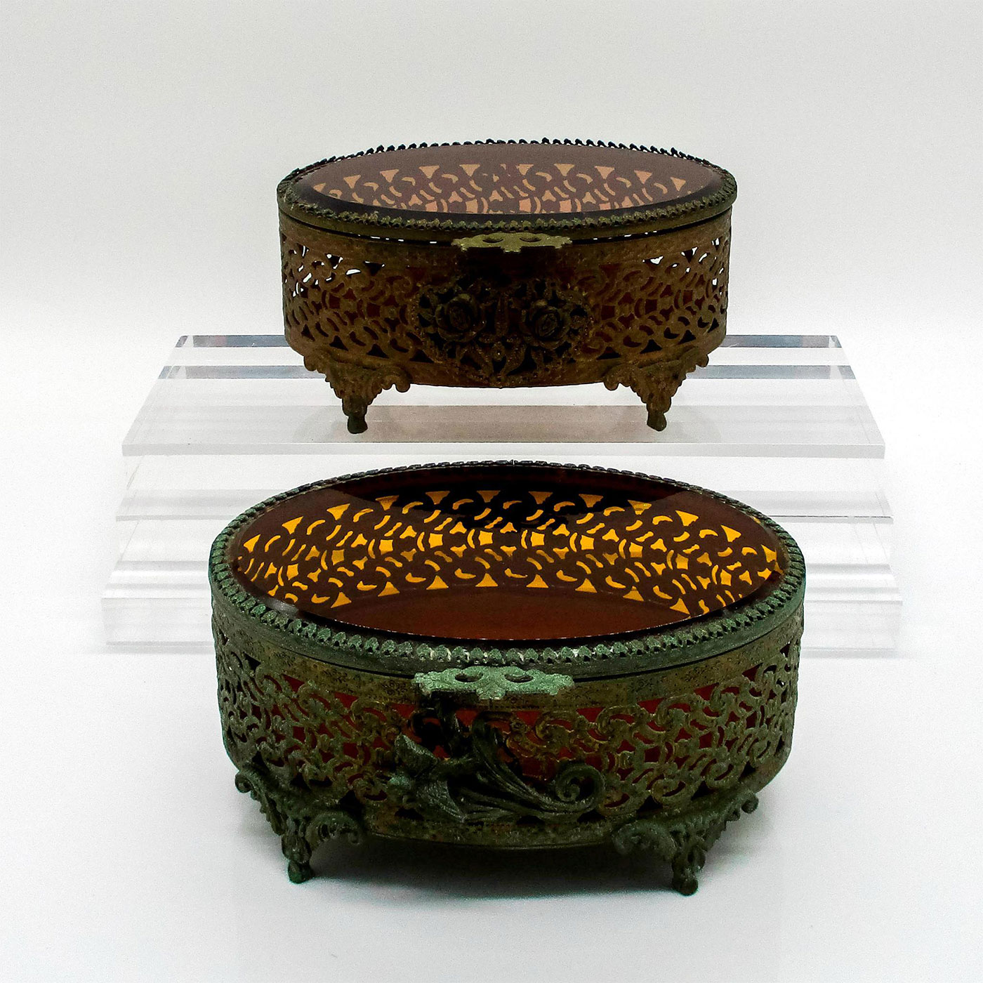 2pc Antique French Ormolu Gold Gilt Filigree Jewelry Box