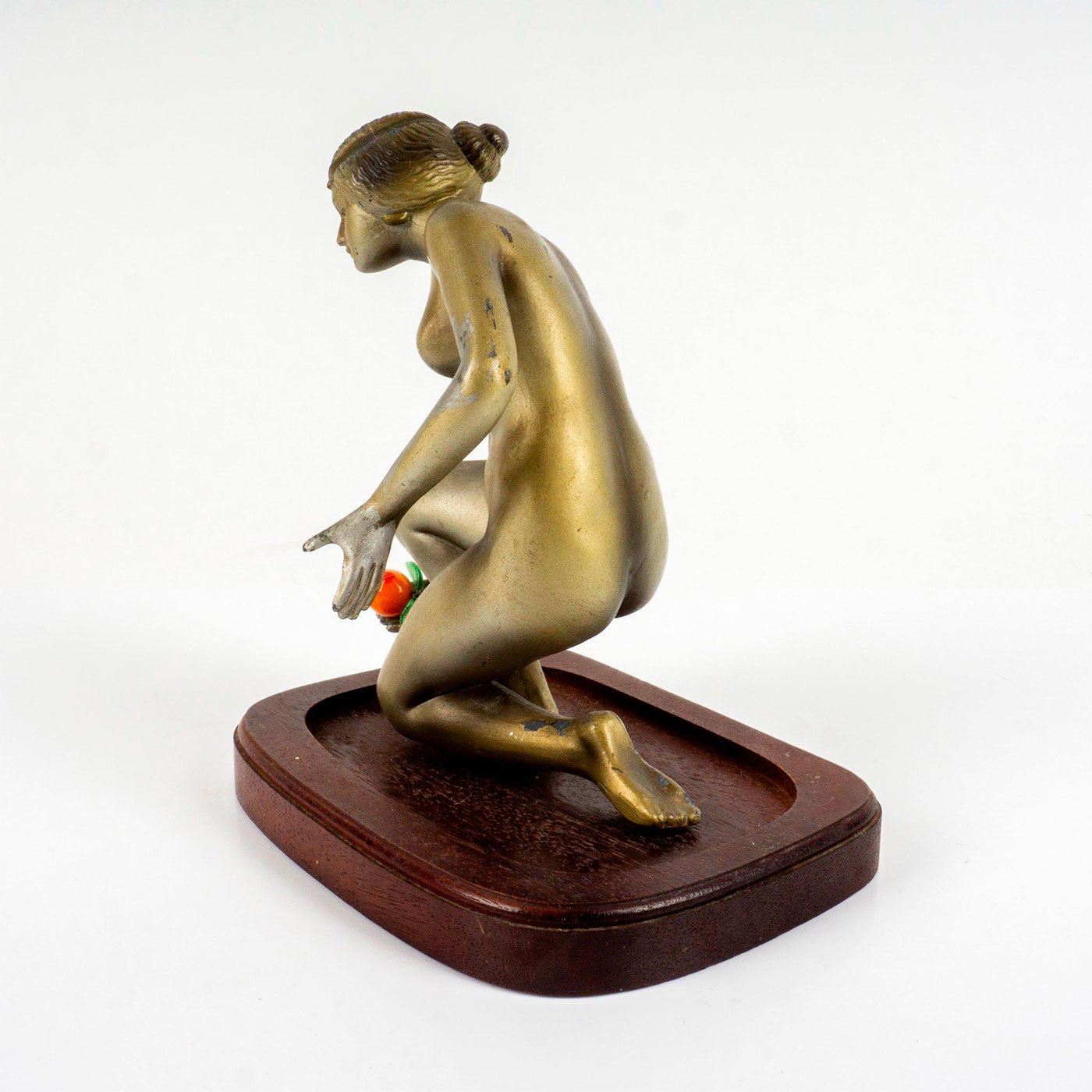 Vintage Art Deco Brass Sculpture, Nude Female With Orange - Image 3 of 4