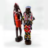 2pc Hand Carved African Wood Tribal Figures Highly Decorated