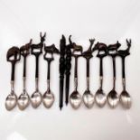 11pc African Hardwood Carved/Silver Utensils, Animals