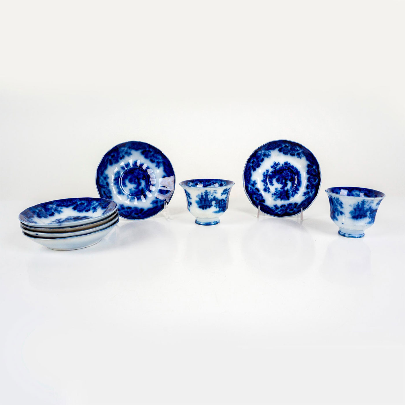 8pc Antique Flow Blue Sobraon Cups and Saucers