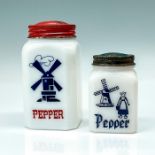 2pc Milk Glass Pepper Shakers with Dutch Motif