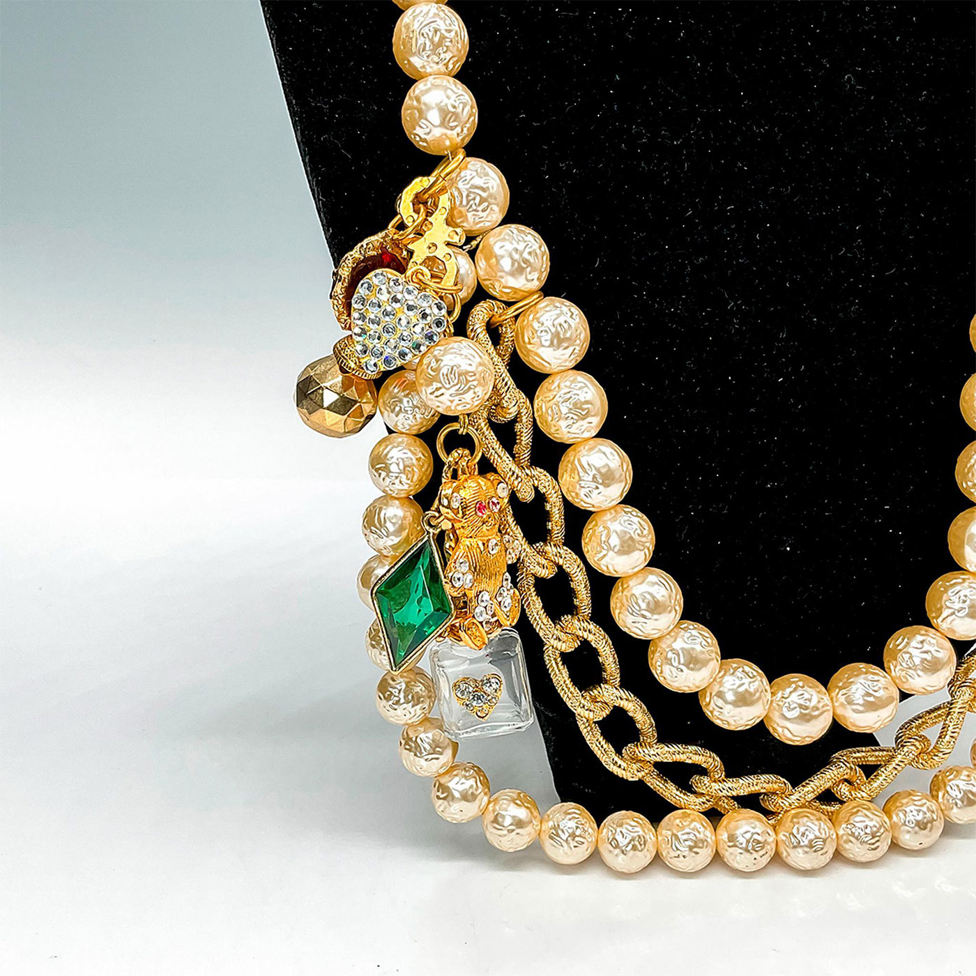 Chanel Inspired Costume Pearl/Gold Chain Necklace w/Charms - Image 2 of 3