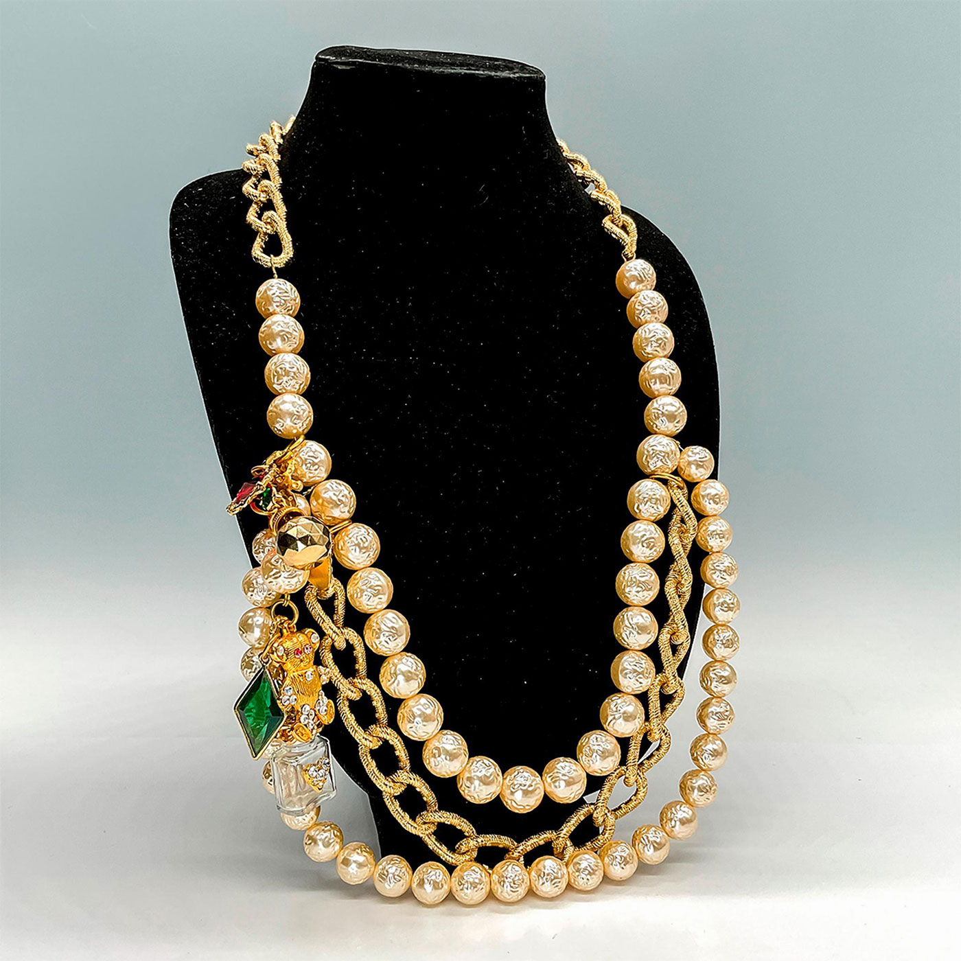 Chanel Inspired Costume Pearl/Gold Chain Necklace w/Charms