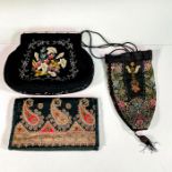 3pc Vintage Black Floral Fabric Purses