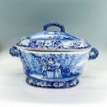 Vintage Blue and White Covered Tureen, Hop Pickers