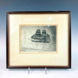 George G. Freisinger Ink Etching of Ship, Signed