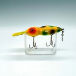 Early Wooden Lizard Bomber Lure, Yellow Green Red Spots