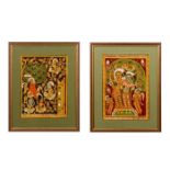 Pair of Vintage Artist Signed Hindu Oil Paintings on Fabric