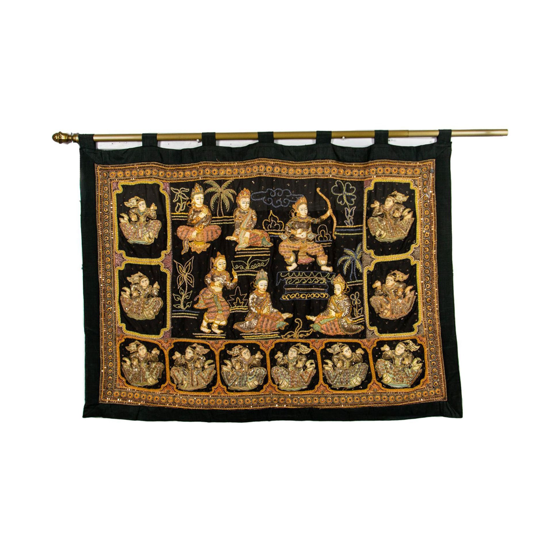 Burmese Embroidered Kalaga Tapestry, Various Characters - Bild 2 aus 5