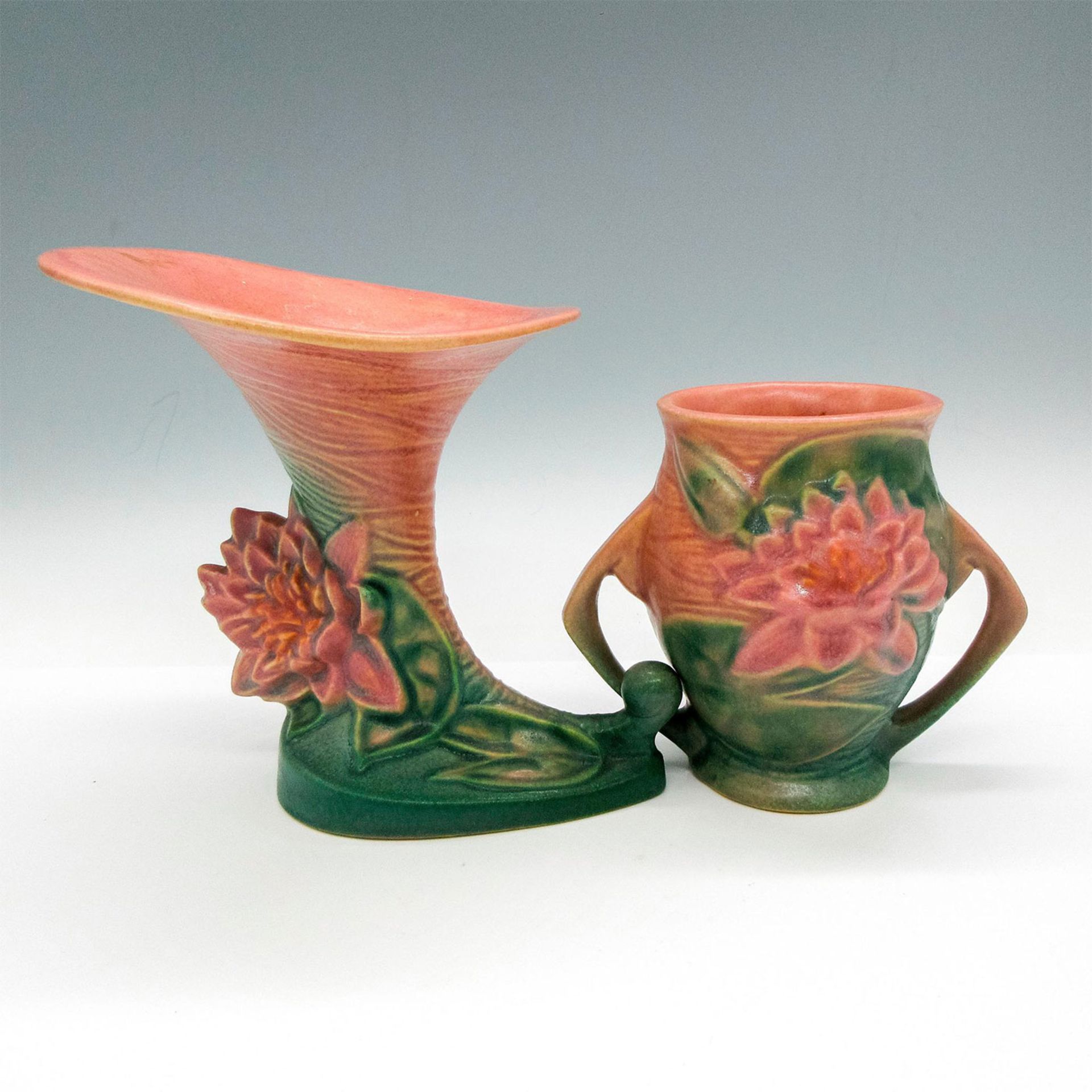 2pc Roseville Pottery Vases, Water Lily - Image 2 of 3