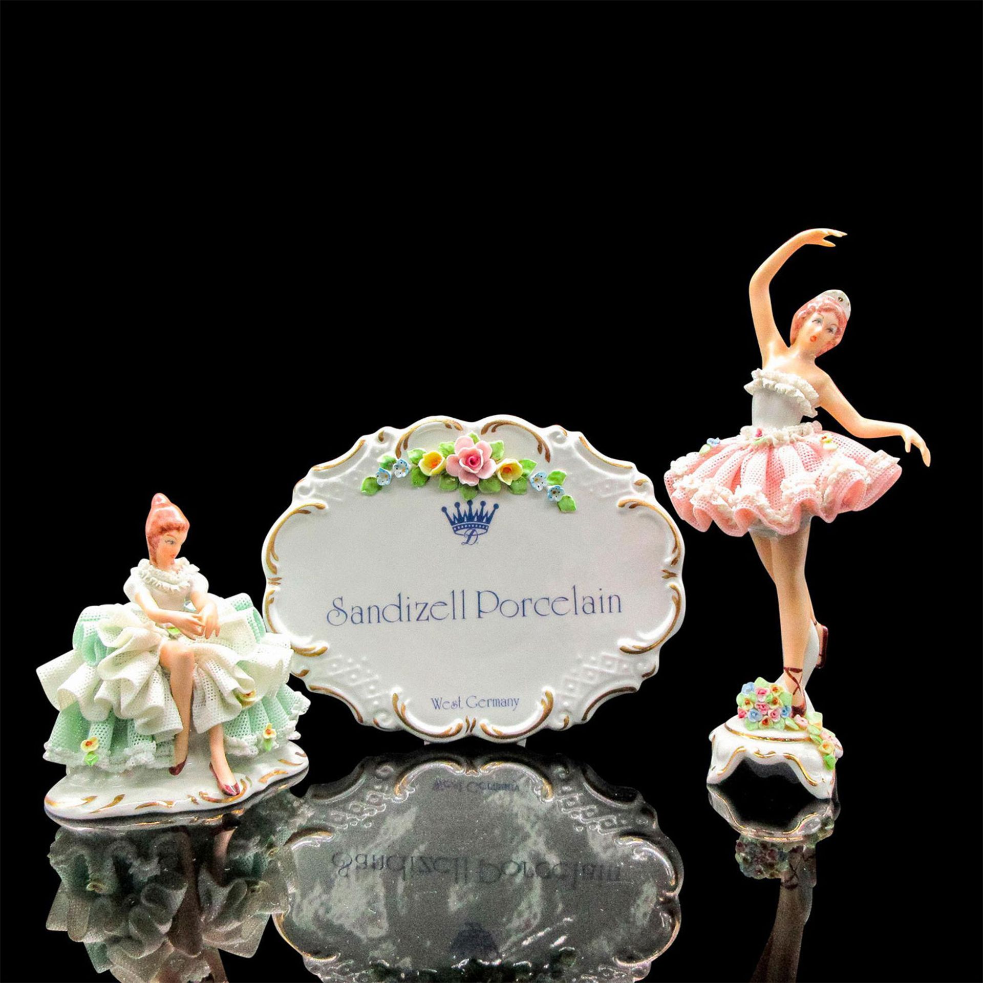 3pc Sandizell Porcelain Figurines + Dispay Sign