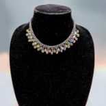Stunning Silver Tone Iridescent Bead and Rhinestone Necklace