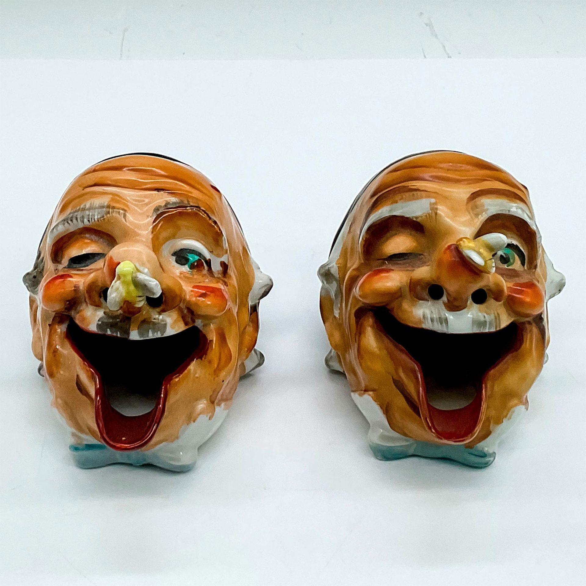 2pc Japanese Porcelain Ashtrays, Man With Bee on His Nose