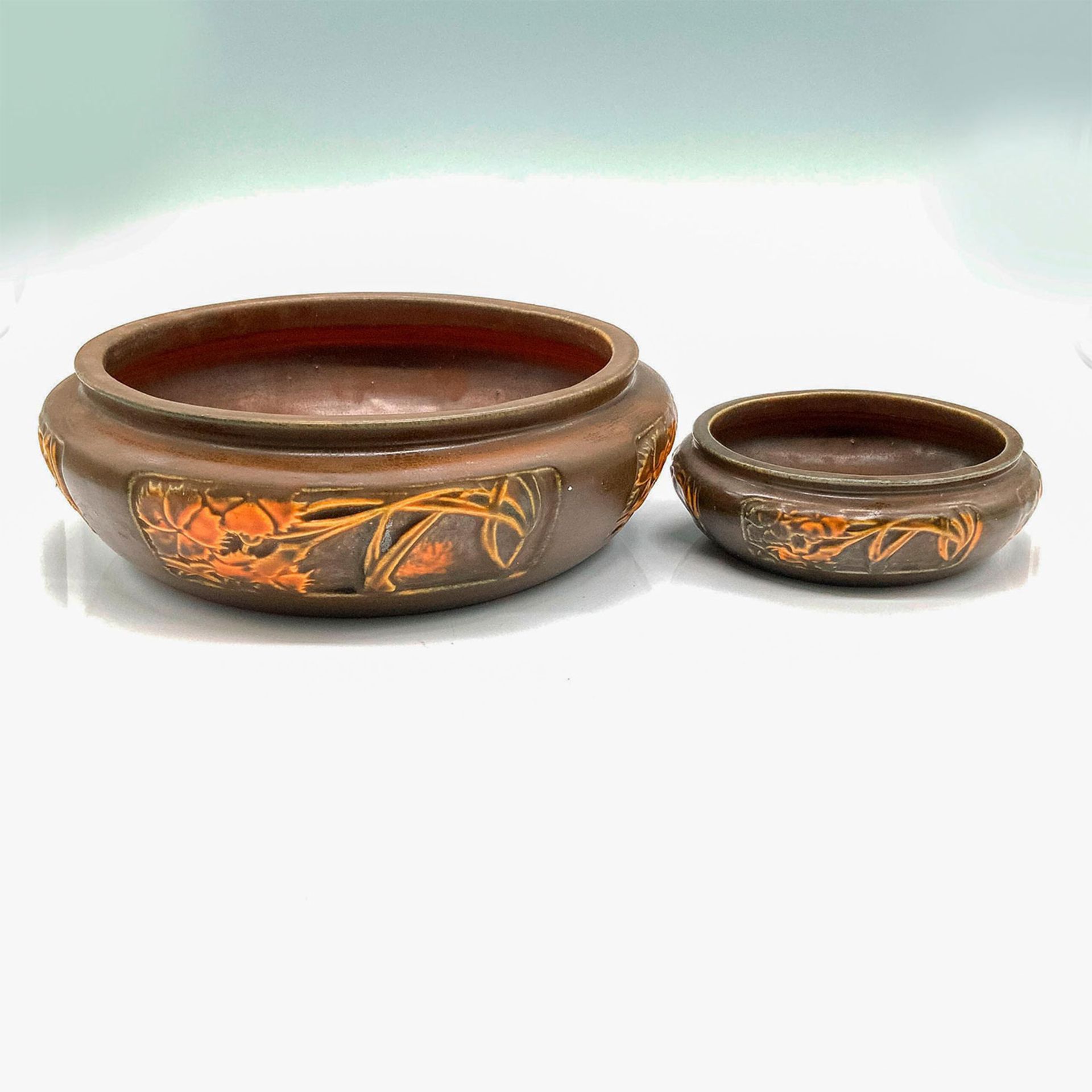 2pc Roseville Pottery Bowls, Brown Rosecraft
