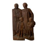 Large Hand Carved Wooden Sculpture of a Family