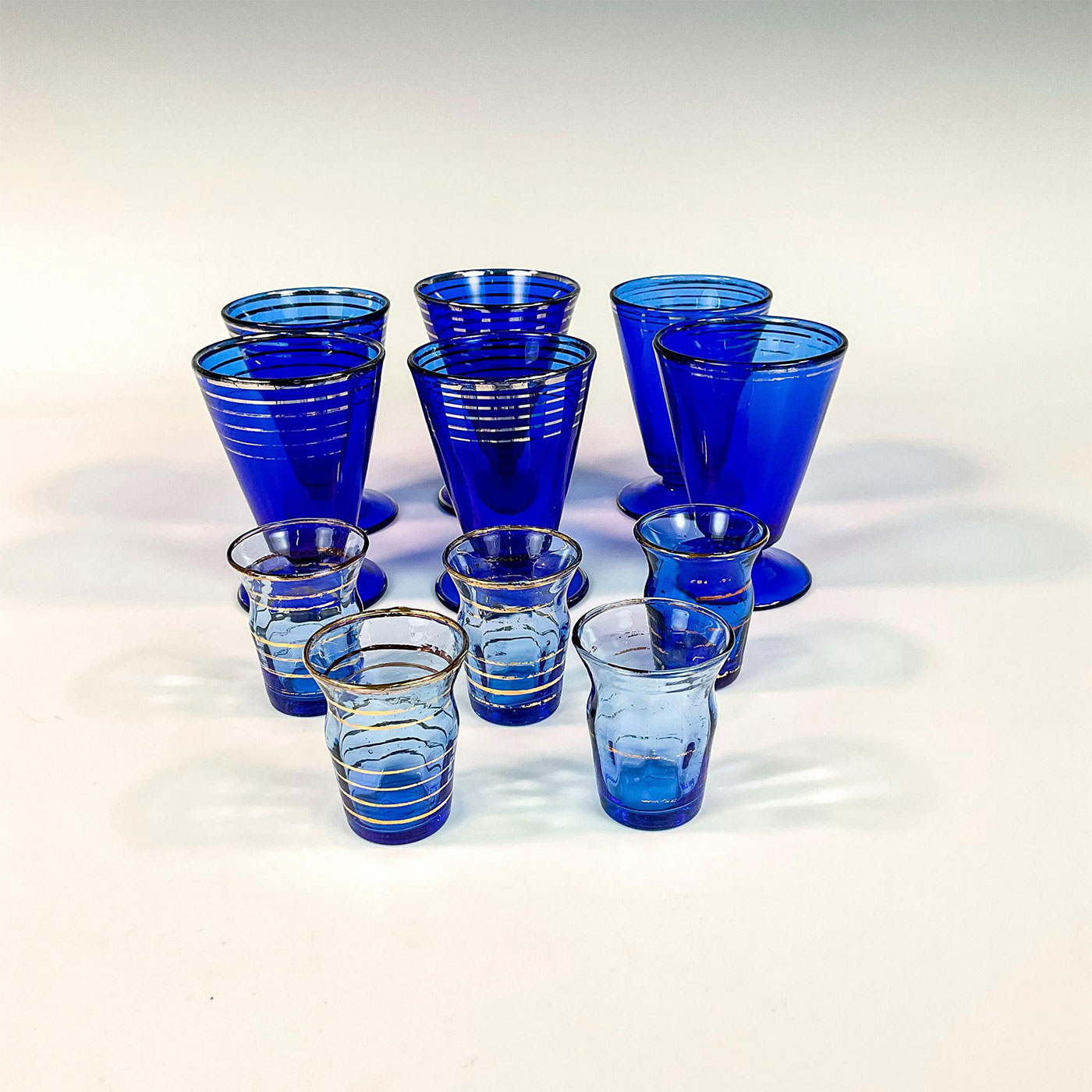 11pc Vintage Rimmed Cobalt Blue Glasses with Shaker