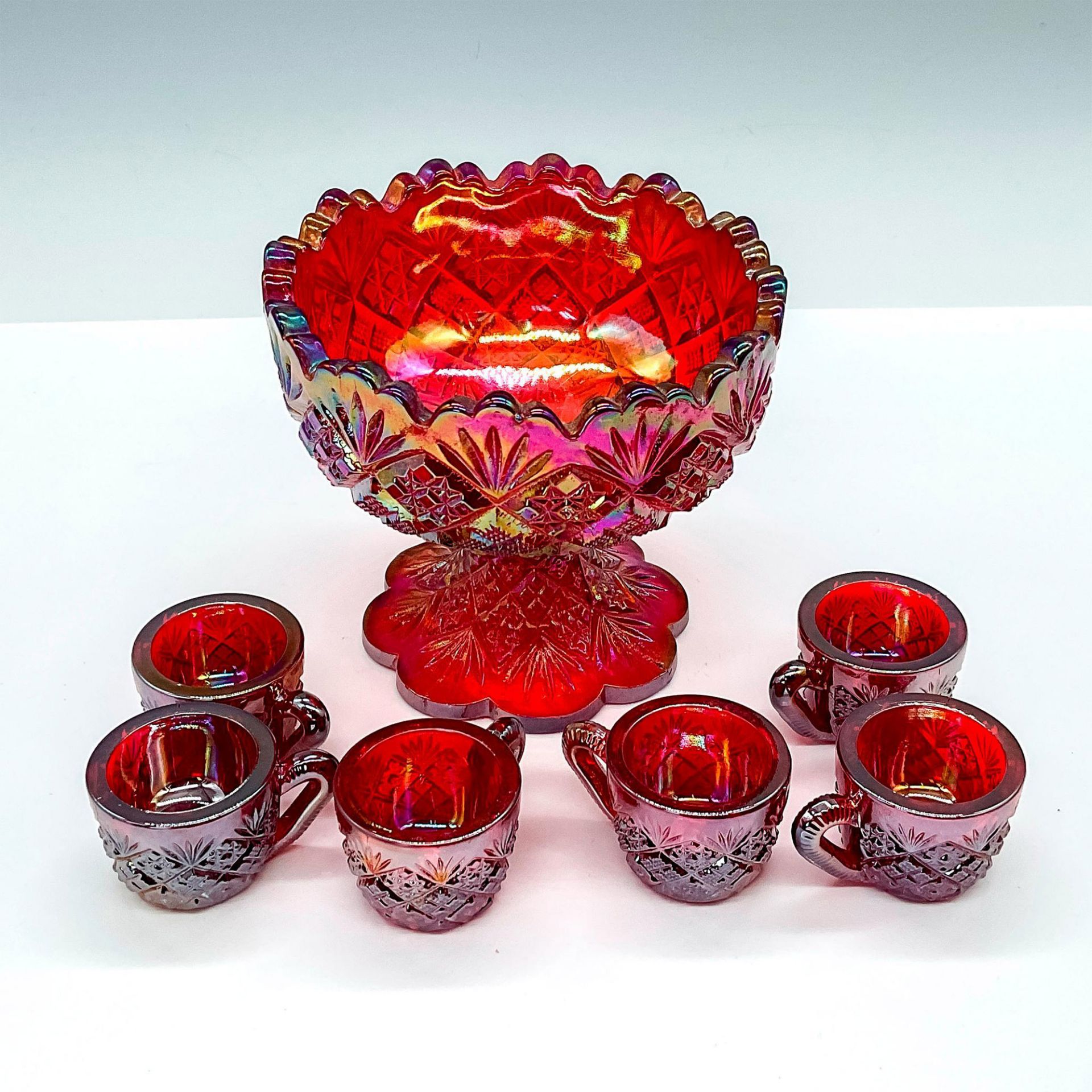 7pc Set Miniature Carnival Glass Pedestal Punchbowl with 6 Cups - Image 2 of 3