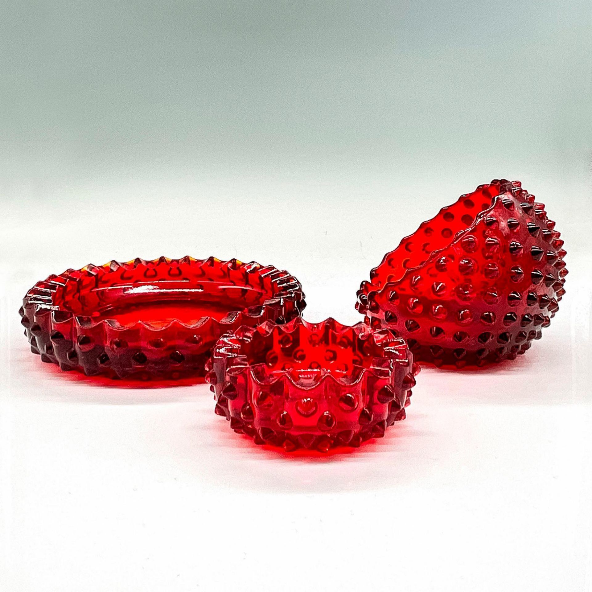 3pc Fenton Glass Hobnail Ruby Red Ashtrays - Image 2 of 3