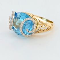 14K Yellow Gold Diamonds and Blue Topaz Cocktail Ring