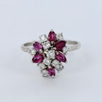 14K White Gold with Ruby and Diamond Cluster Ring