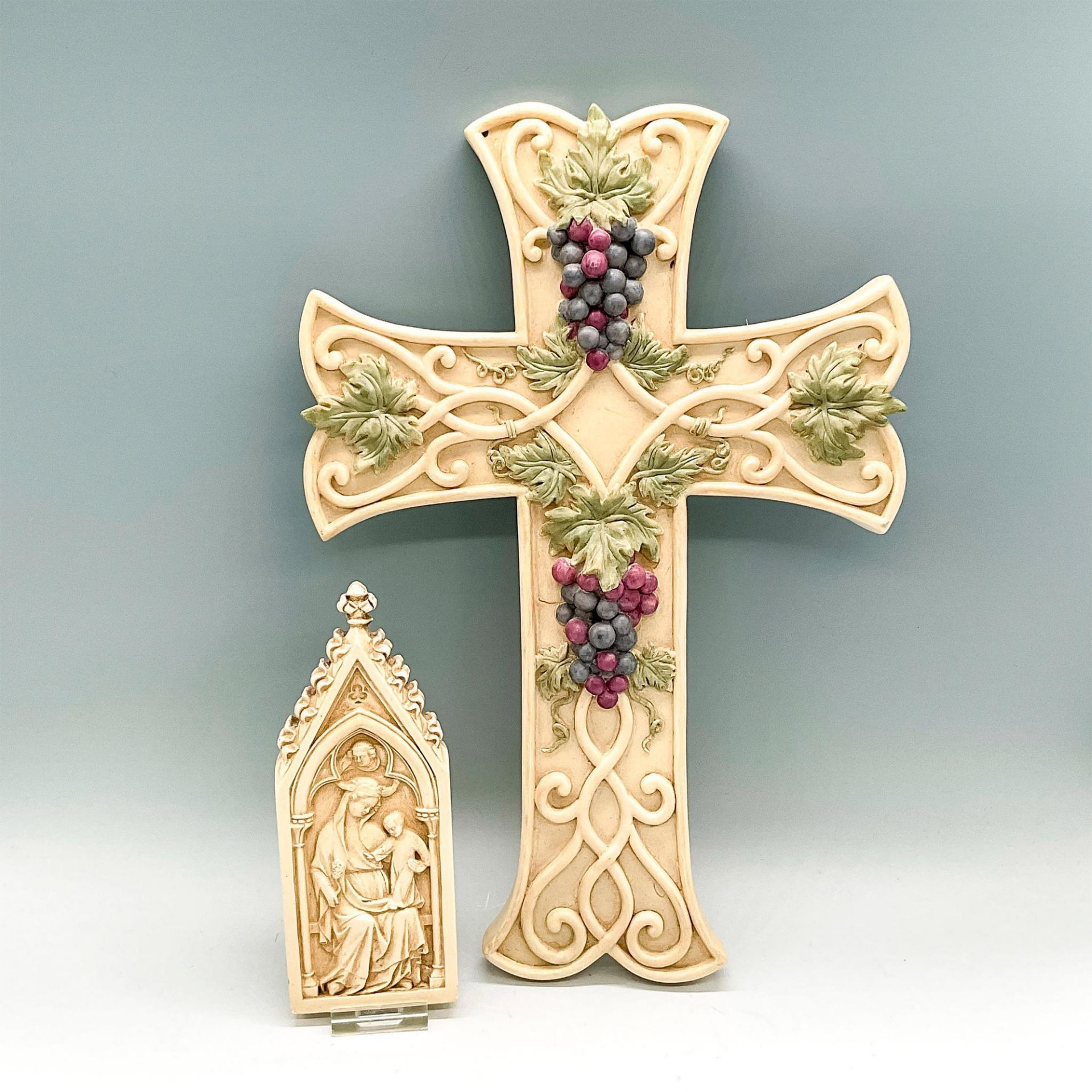 2pc Christian Cross and Mother Mary and Baby Jesus Plaque