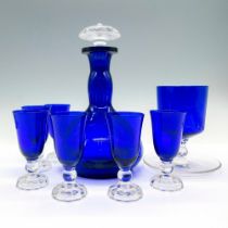 8pc Vintage Cobalt Blue Glass Decanter and Glasses