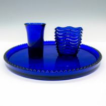 3pc Vintage Cobalt Blue Glass Tray, Shot Glasses