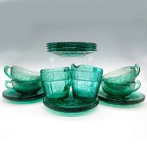 16pc Vintage Etched Green Glass Tableware