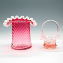2pc Fenton Glass Pink Hat Vase and Ruffled Glass Basket