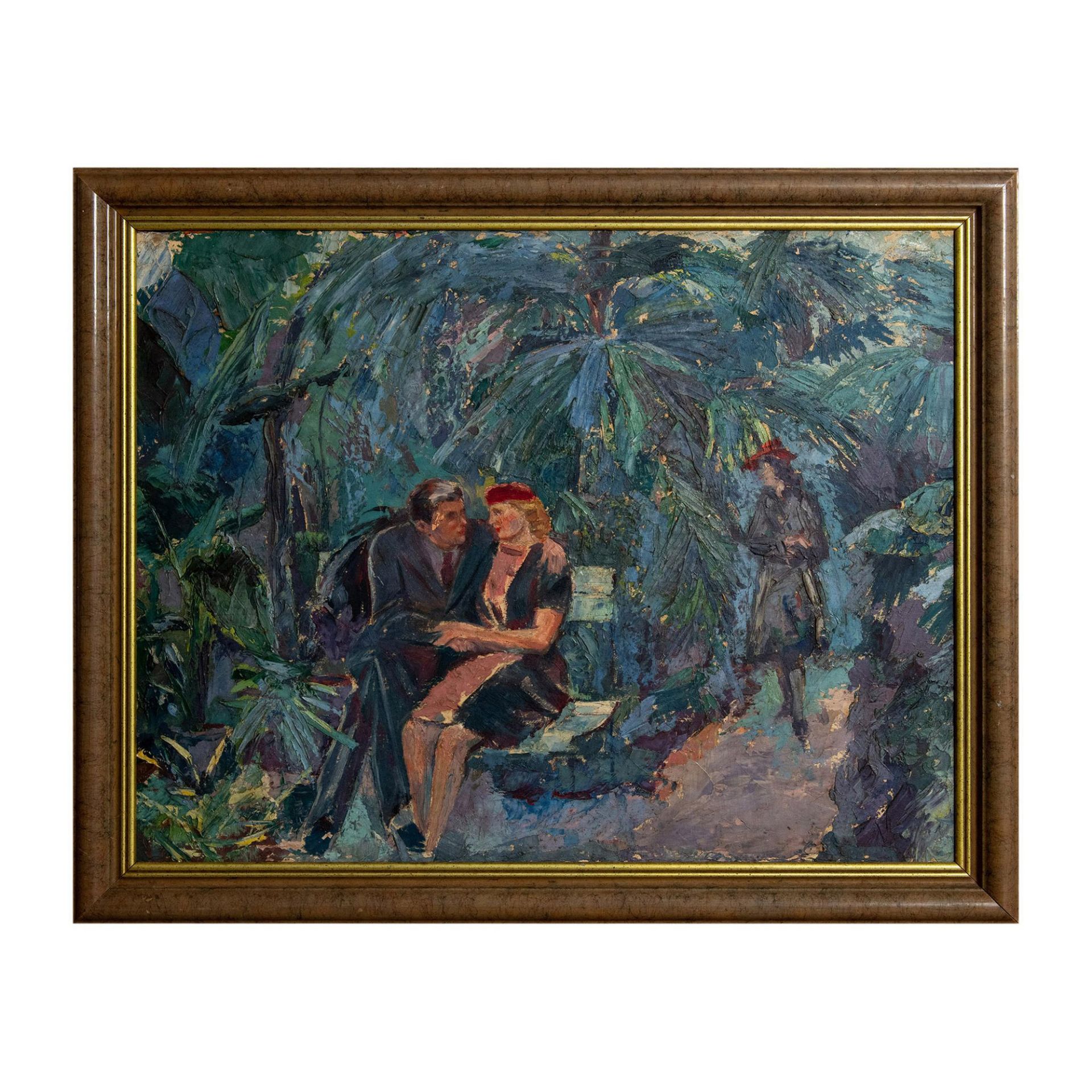 Original Oil on Board, Lovers in a Botanical Garden