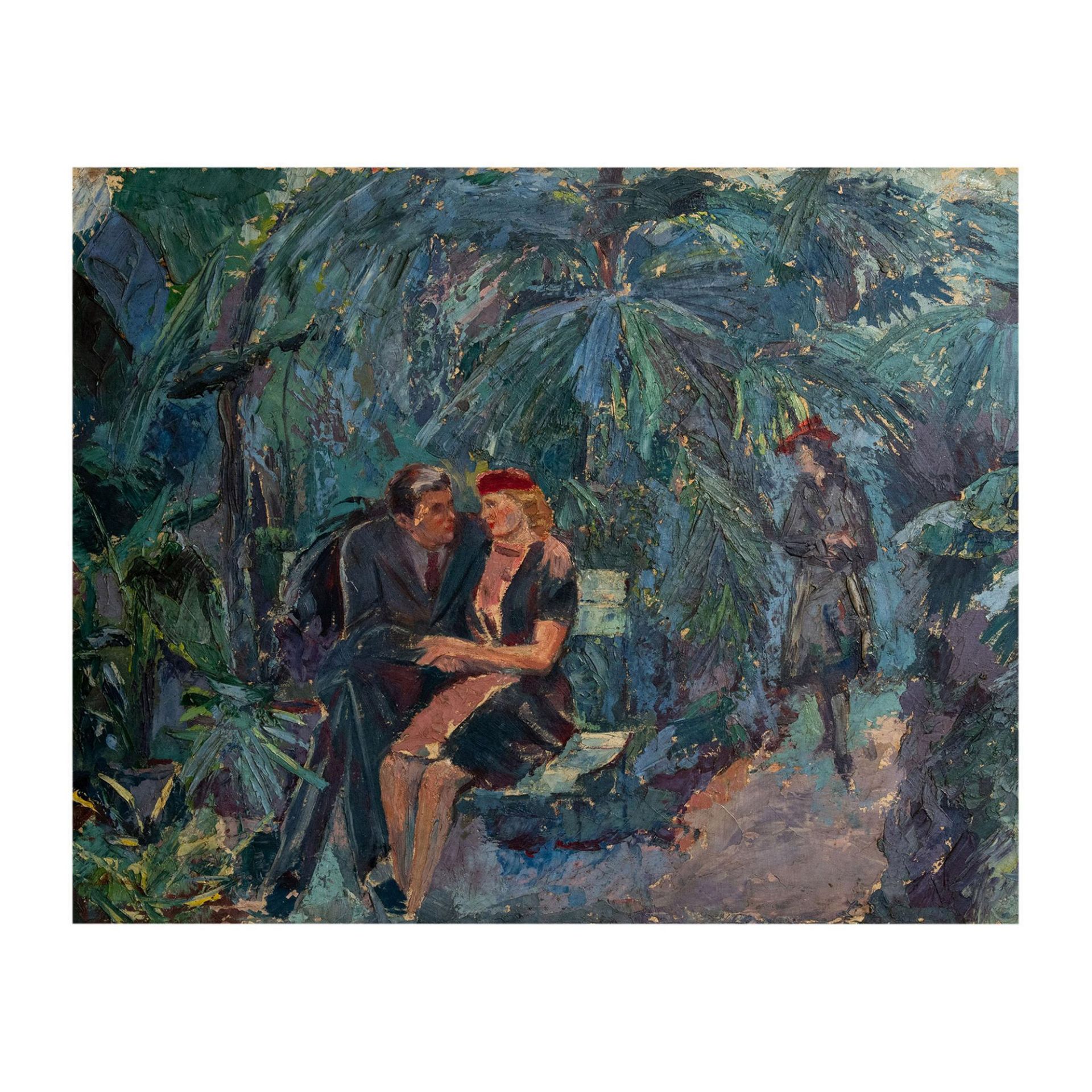 Original Oil on Board, Lovers in a Botanical Garden - Image 2 of 5