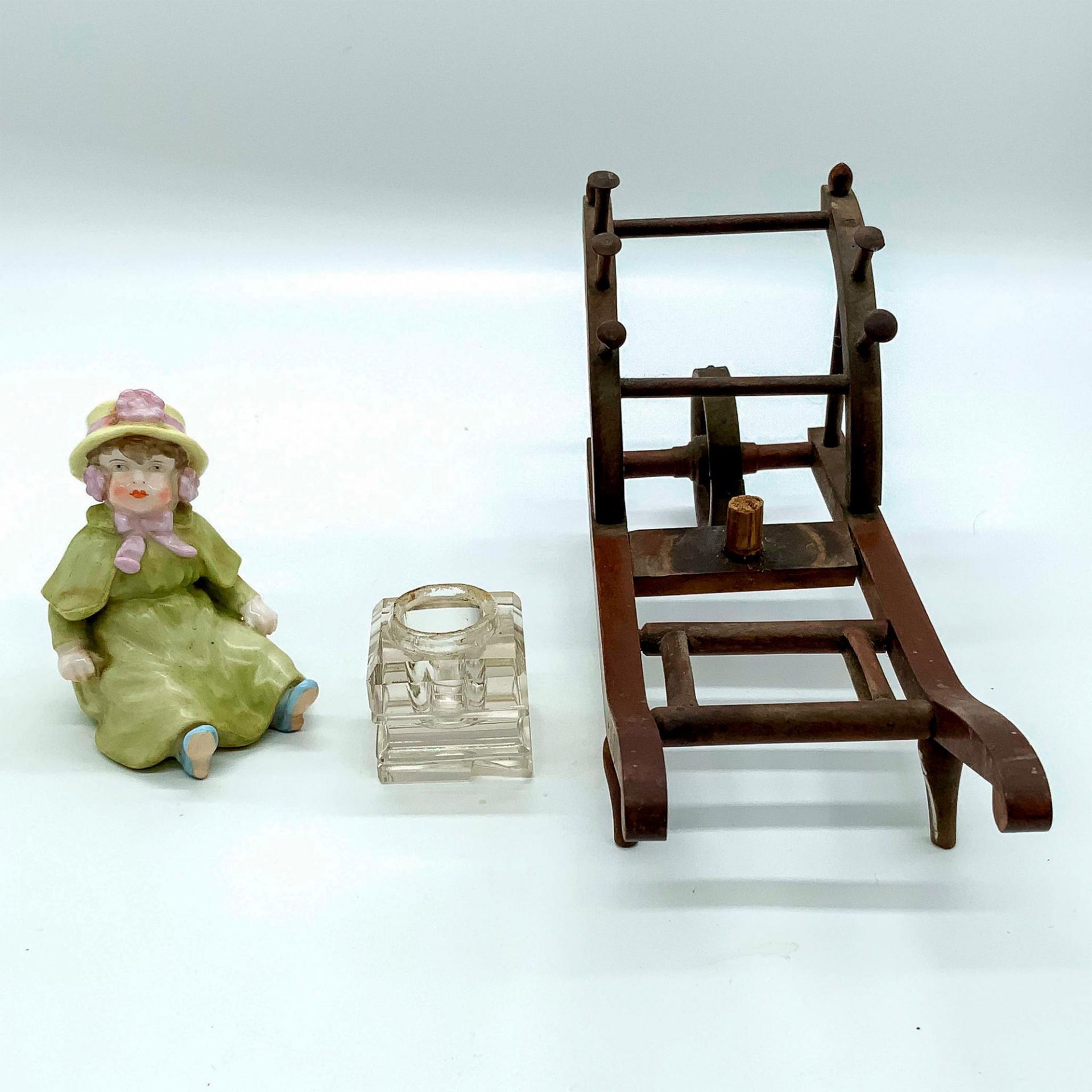 Unusual Vintage Wooden Inkwell, Stand, and Figurine Set - Image 2 of 4