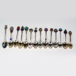 14pc Small Sterling Silver and Enamel Souvenir Spoons