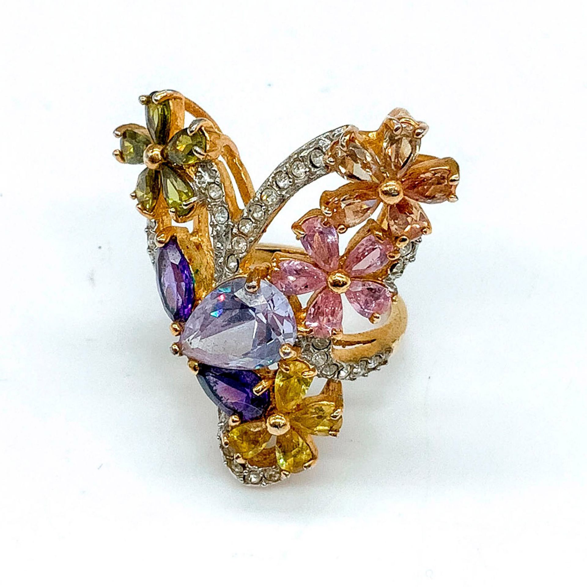 Dazzling Large 18KGP with Colorful Crystal Flowers Ring - Image 2 of 3