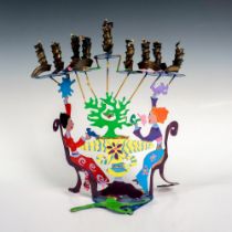 Judaic Hand Painted Metal Menorah, Signed