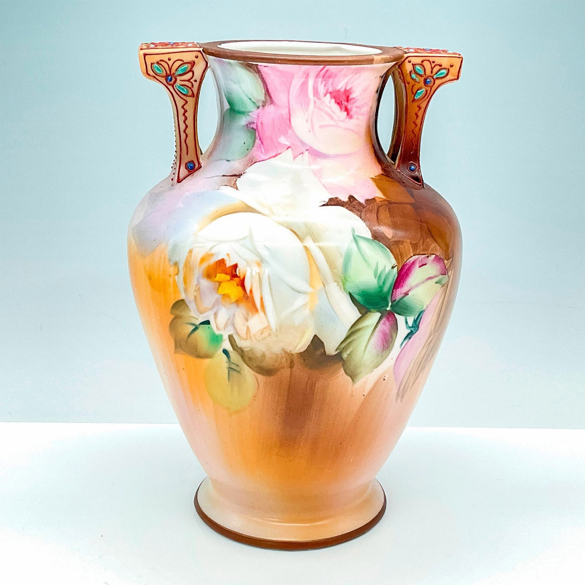Nippon Morimura Porcelain Vase, Pink and White Roses