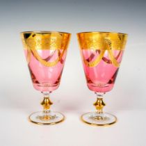 2pc J Preziosi Italian Water Goblet Glasses, Pink and Gold