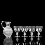 5pc Lalique Crystal Pitcher and Water Goblets, Langeais