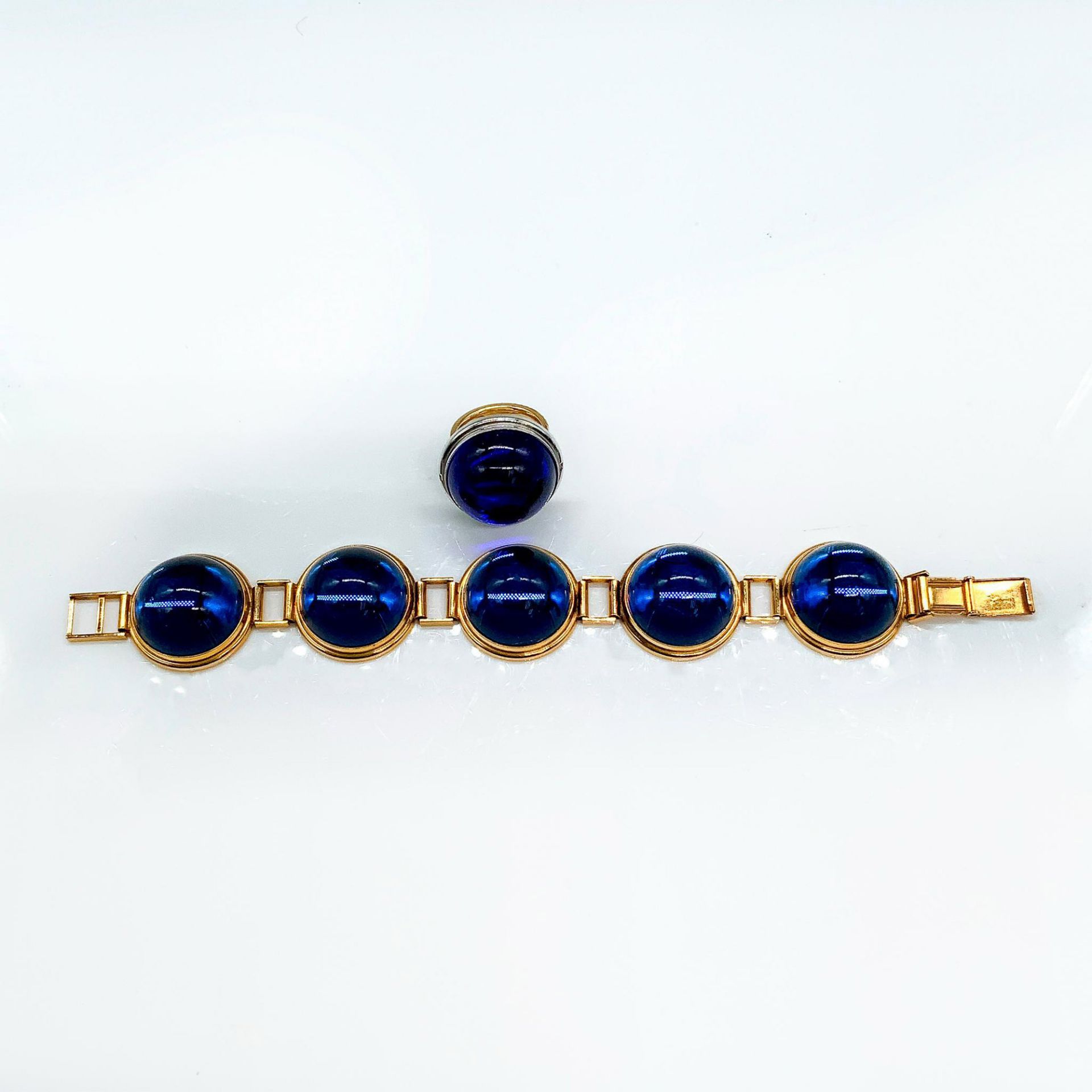 2pc Lalique Blue Cabochon Bracelet and 14K Gold Ring - Image 2 of 3