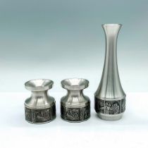 3pc Vintage Pewter Embossed Vase and Candle Holders