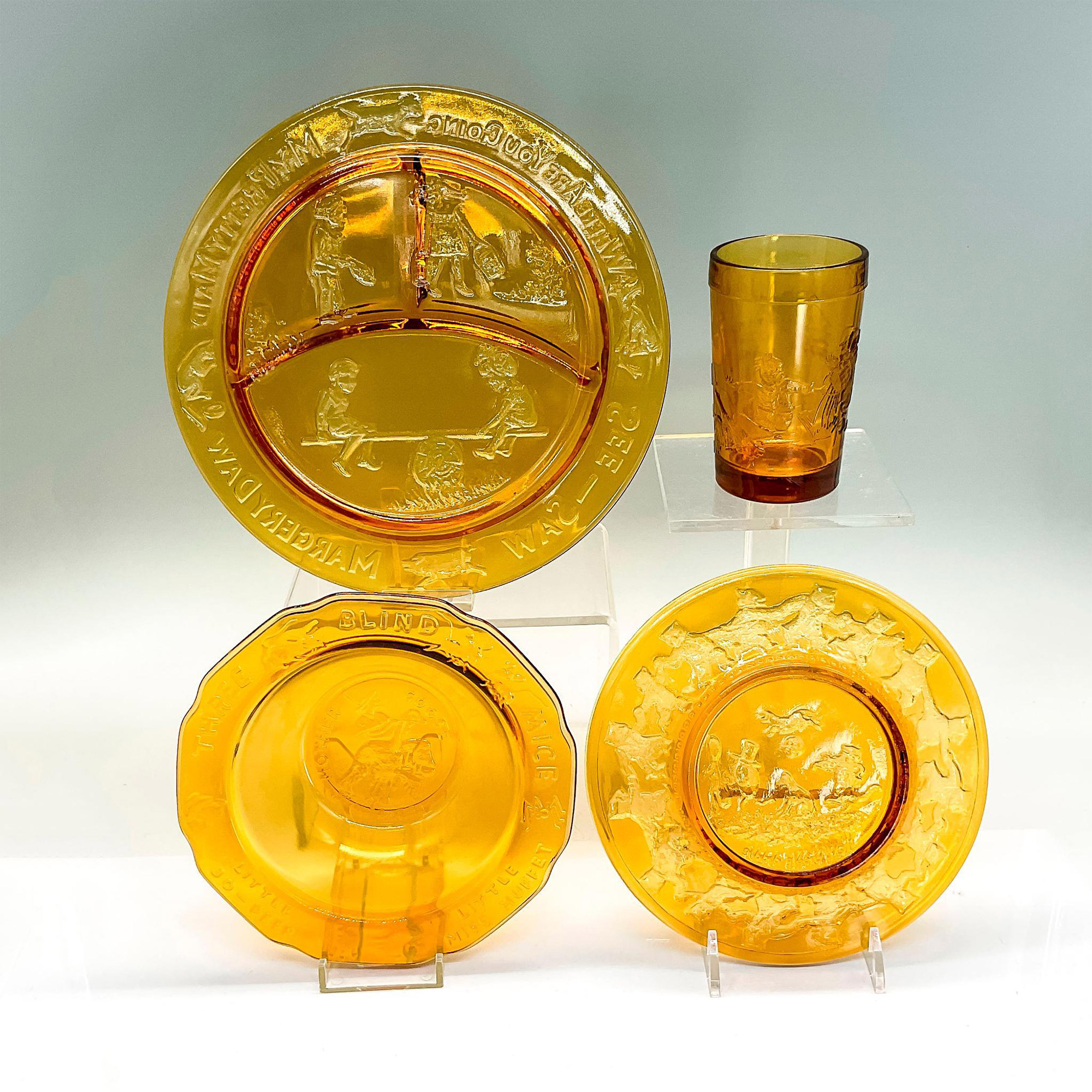 4pc Amber Glass Plates, Bowl, Beverage Glass, Nursery Rhymes - Bild 2 aus 2